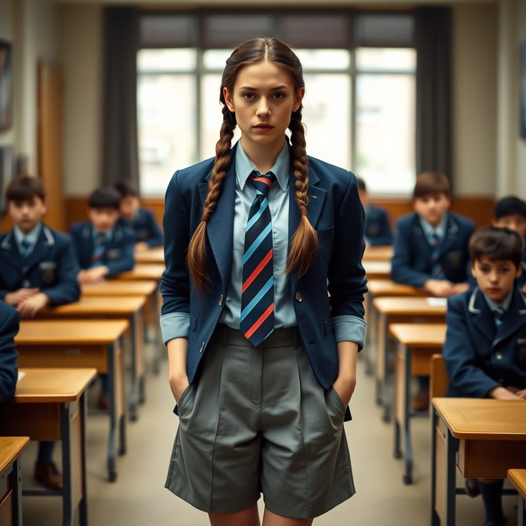 Young Woman in School Uniform, Conveying Guilt, in a Warm an...