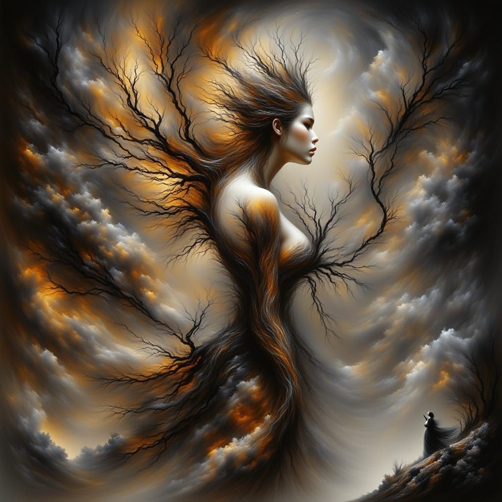 Elegant Figure in Silk Web, Art Nouveau Style