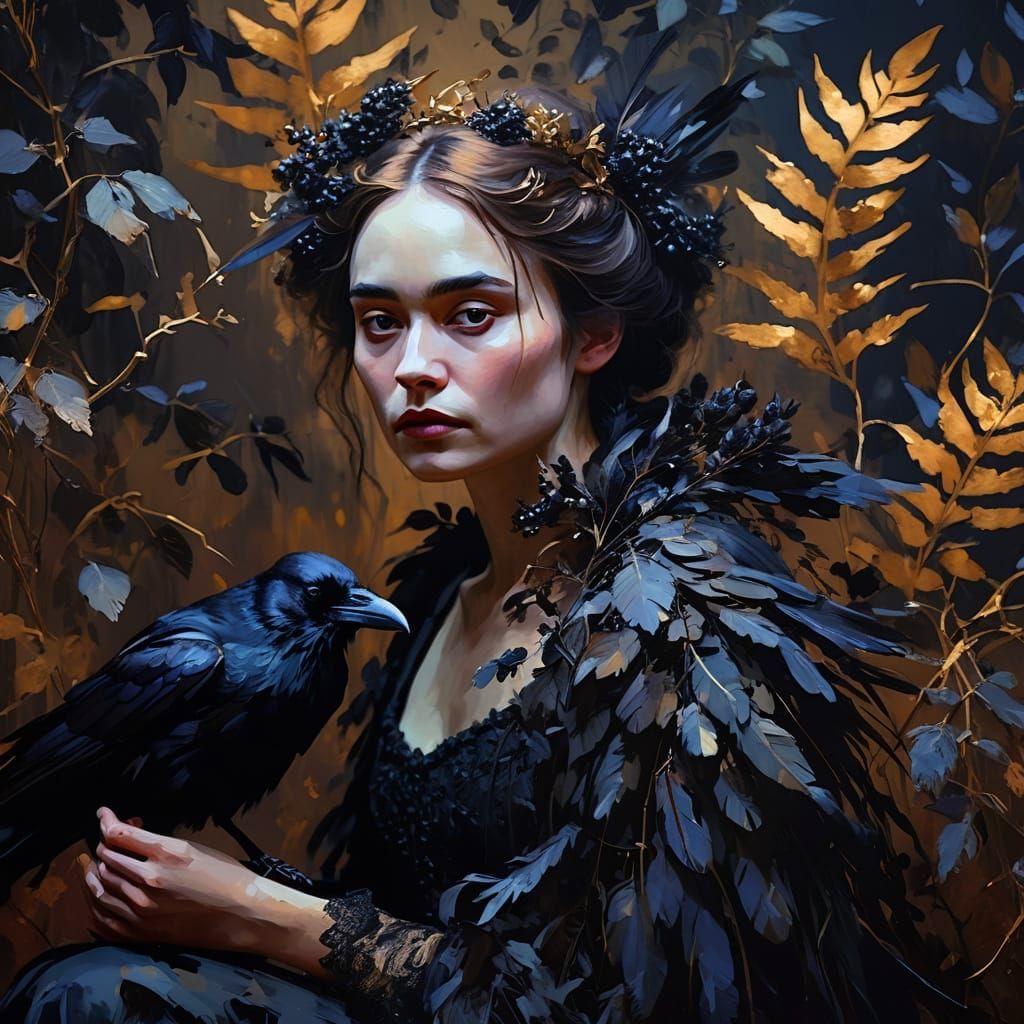 Ethereal Gothic Woman with Raven Wings as Gouache Painting
