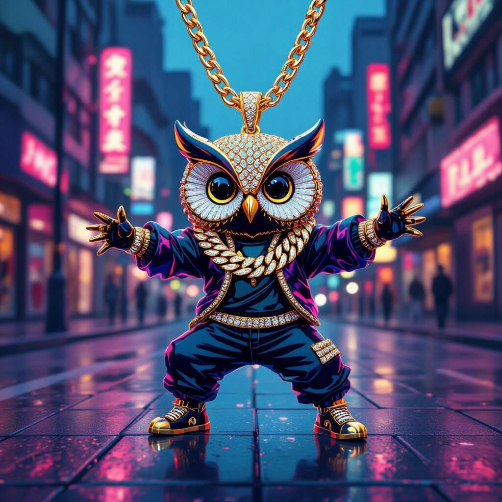 Diamond Owl Breakdancing in Neon City at Dusk