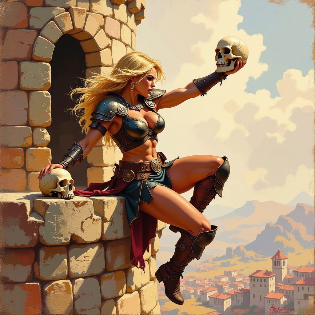 Barbarian Woman Kicking Skull, Impressionist Oil Painting