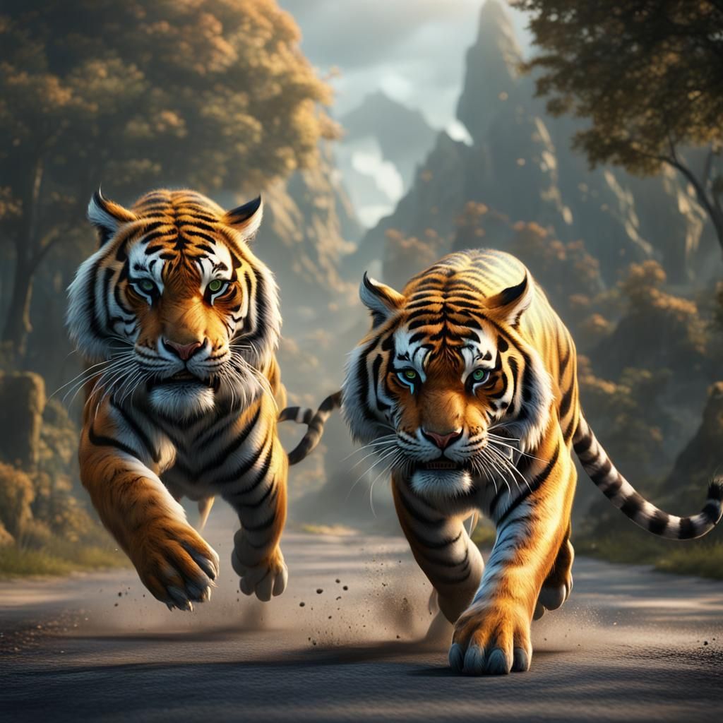 Four Tigers Running: Detailed Matte Painting