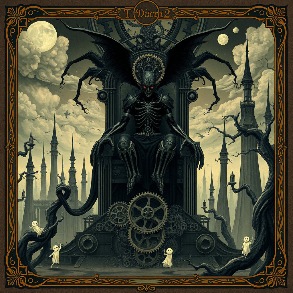 Mechanical Emperor on Gear Throne in Dream Landscape