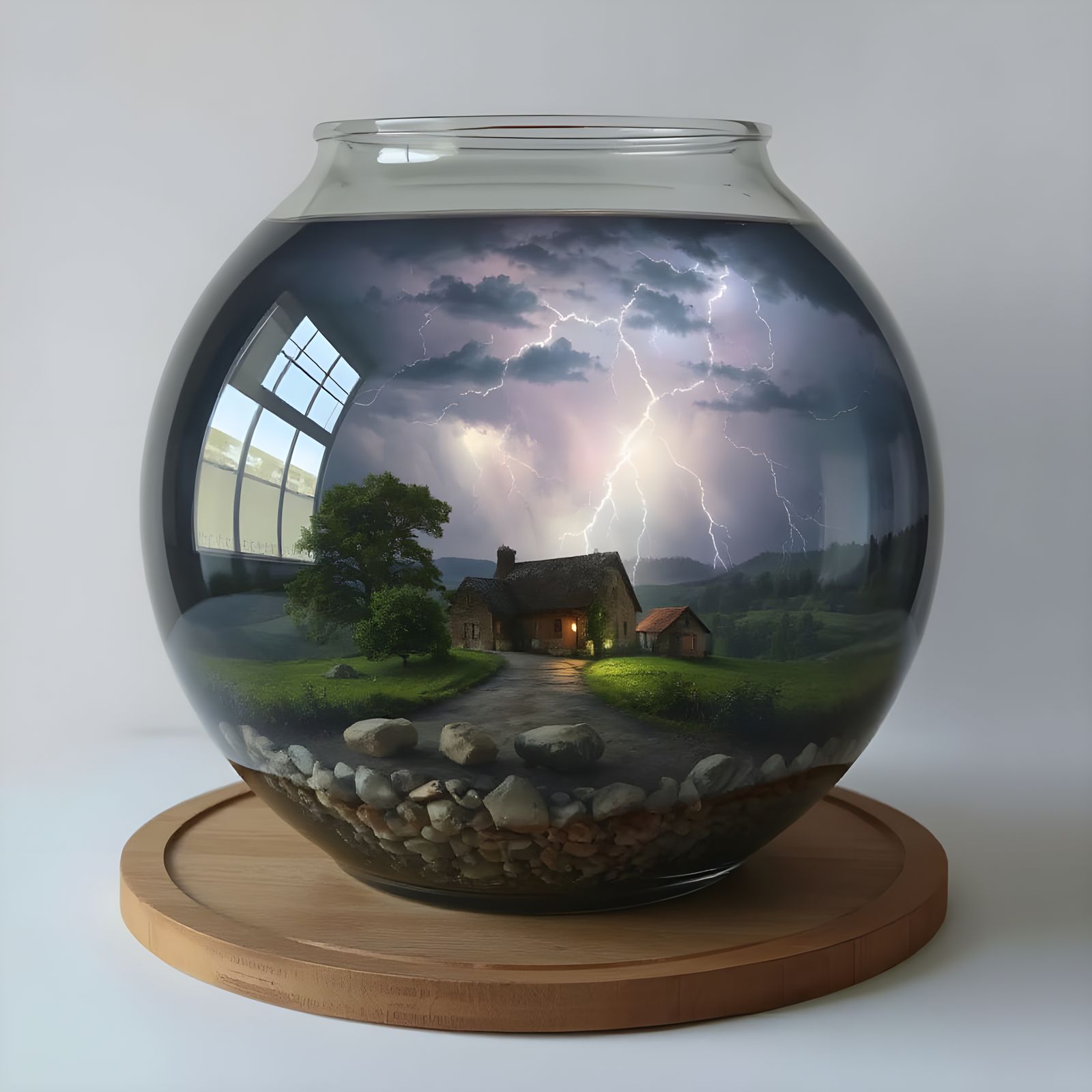 Village Thunderstorm Inside Glass Bowl: Surreal Digital Art
