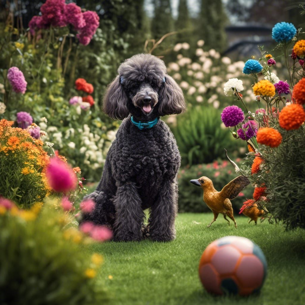 Hyperrealistic Poodles Playing in a Garden