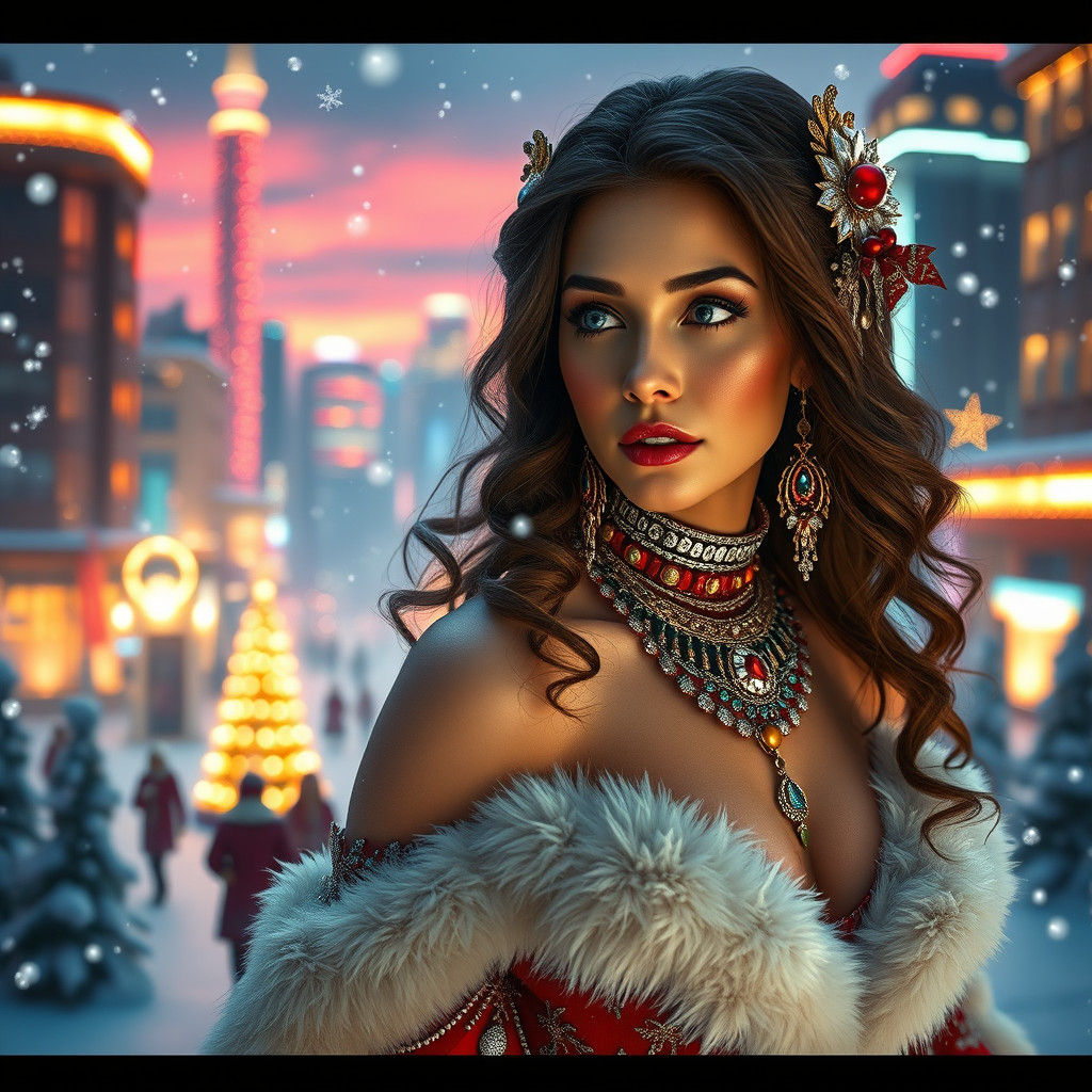 Festive Woman in Christmas Cityscape at Dusk