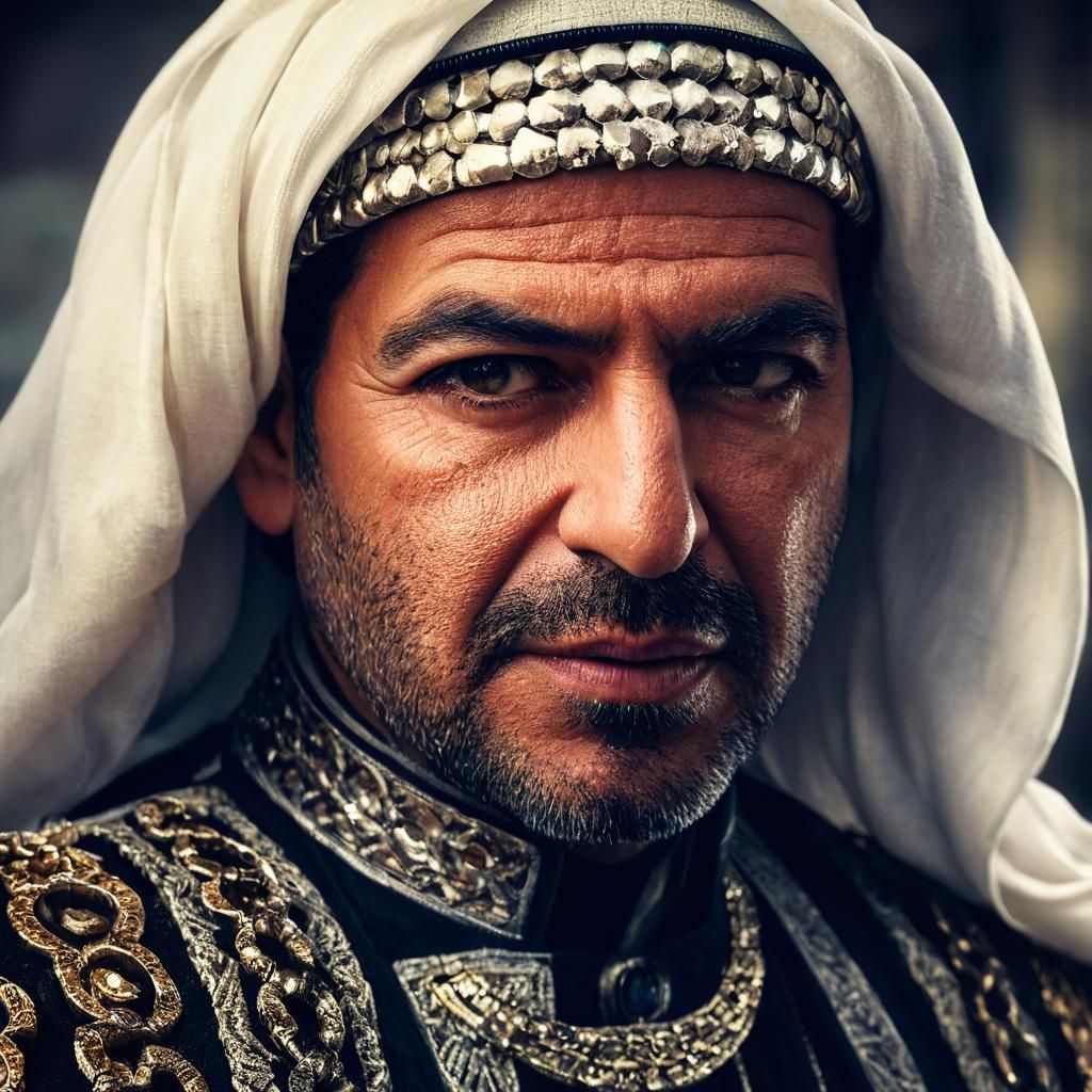 Hyperrealistic Portrait of Arab Singer in Rich Clothing