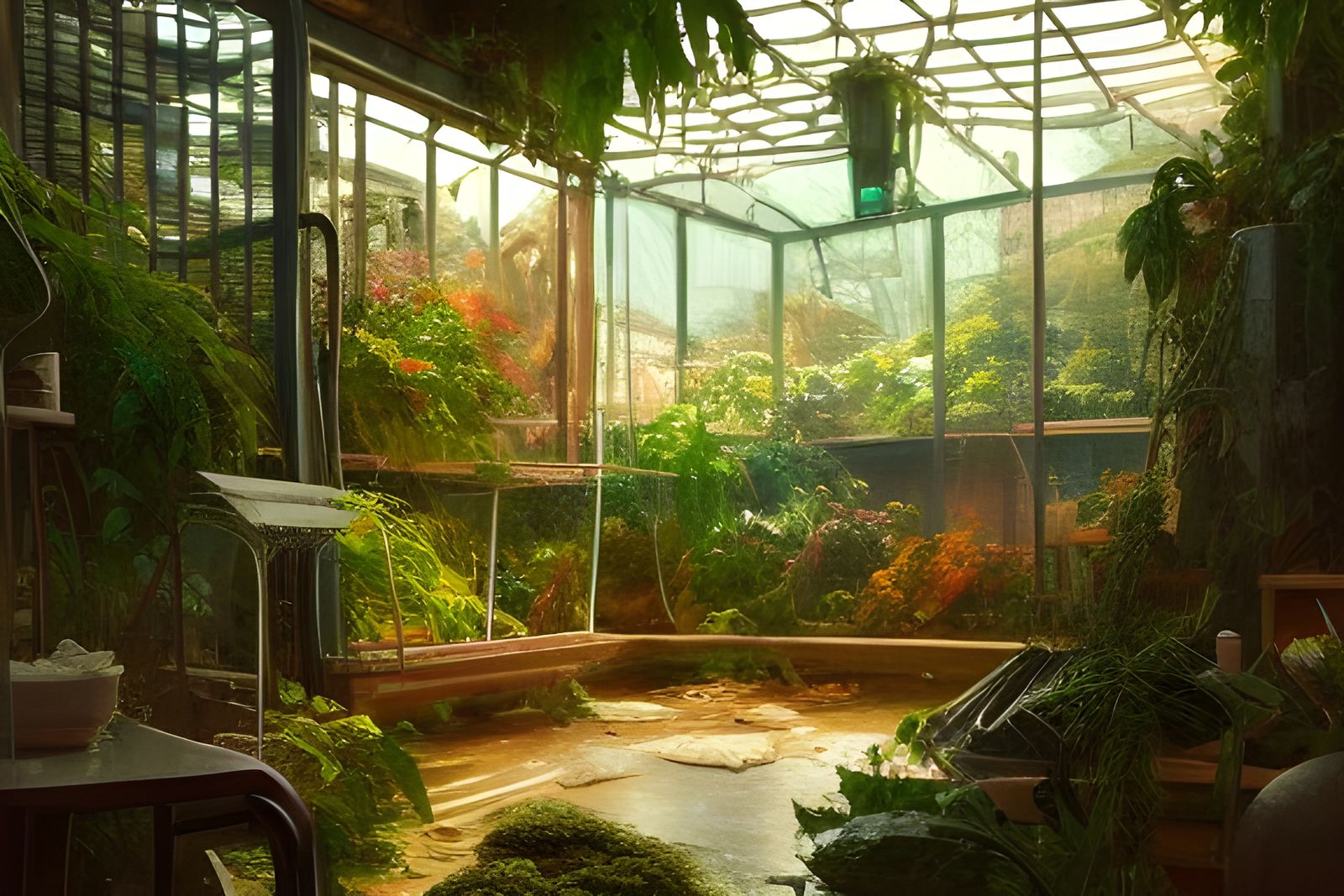 Cozy Store with Aquariums and Foliage, Impasto Style