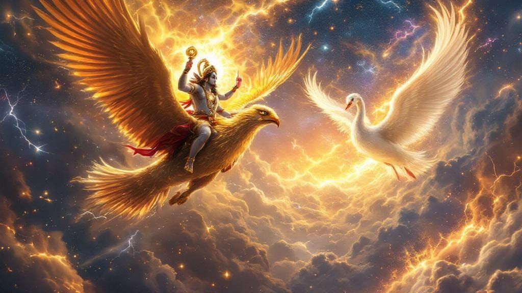 Vishnu and Brahma Cosmic Battle in Cyberpunk Style