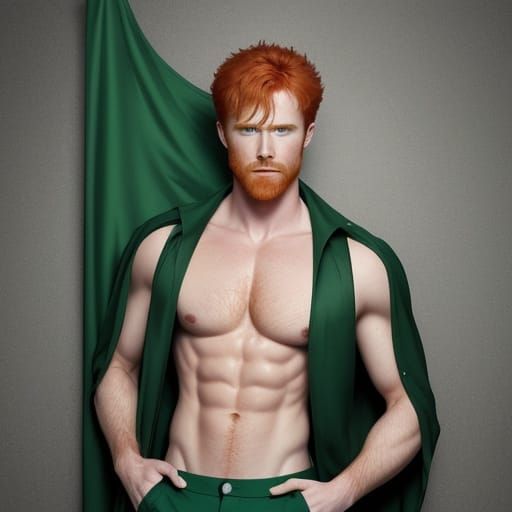 Chiseled Irish Redhead Stands Proud in Emerald Greens