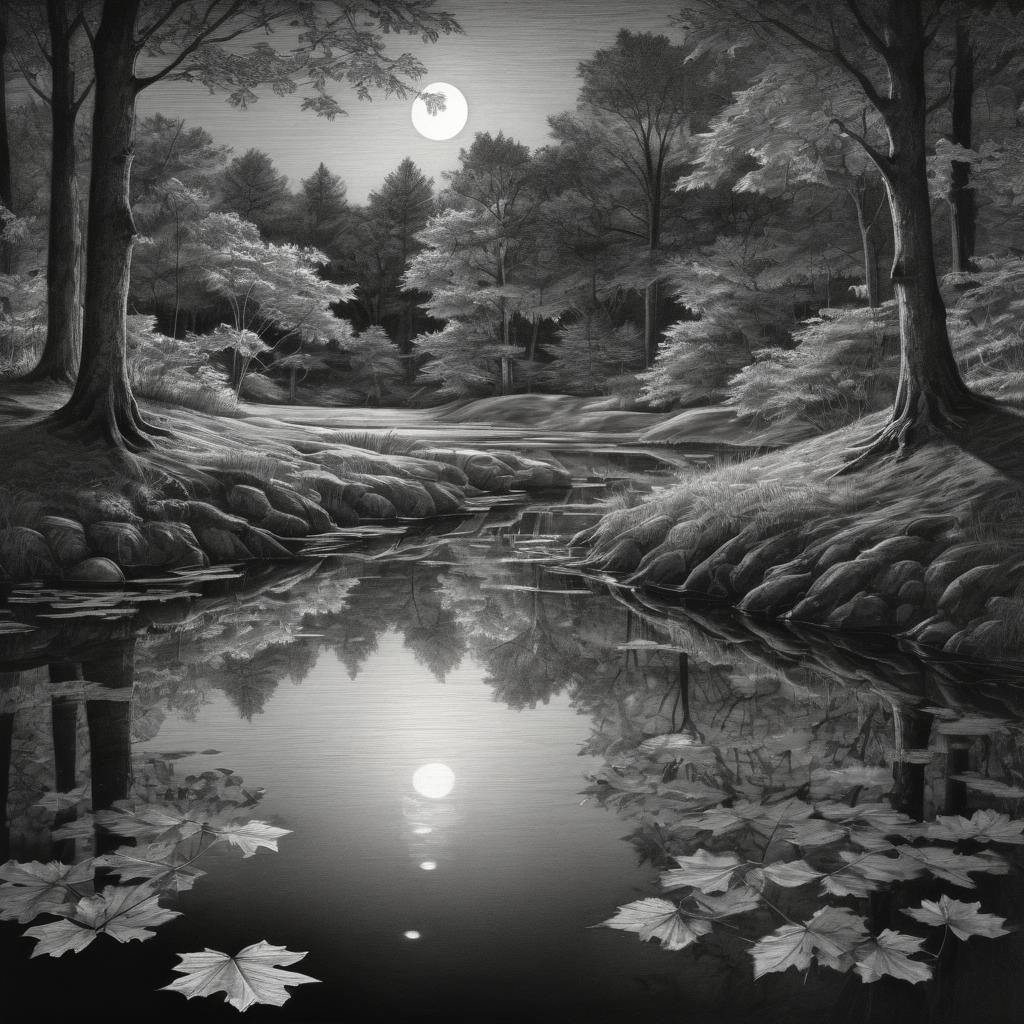 Monochrome Moon Reflection in Woodland Pond