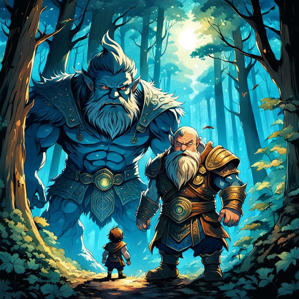 Anime-Style Dwarf and Giant in Mystical Forest