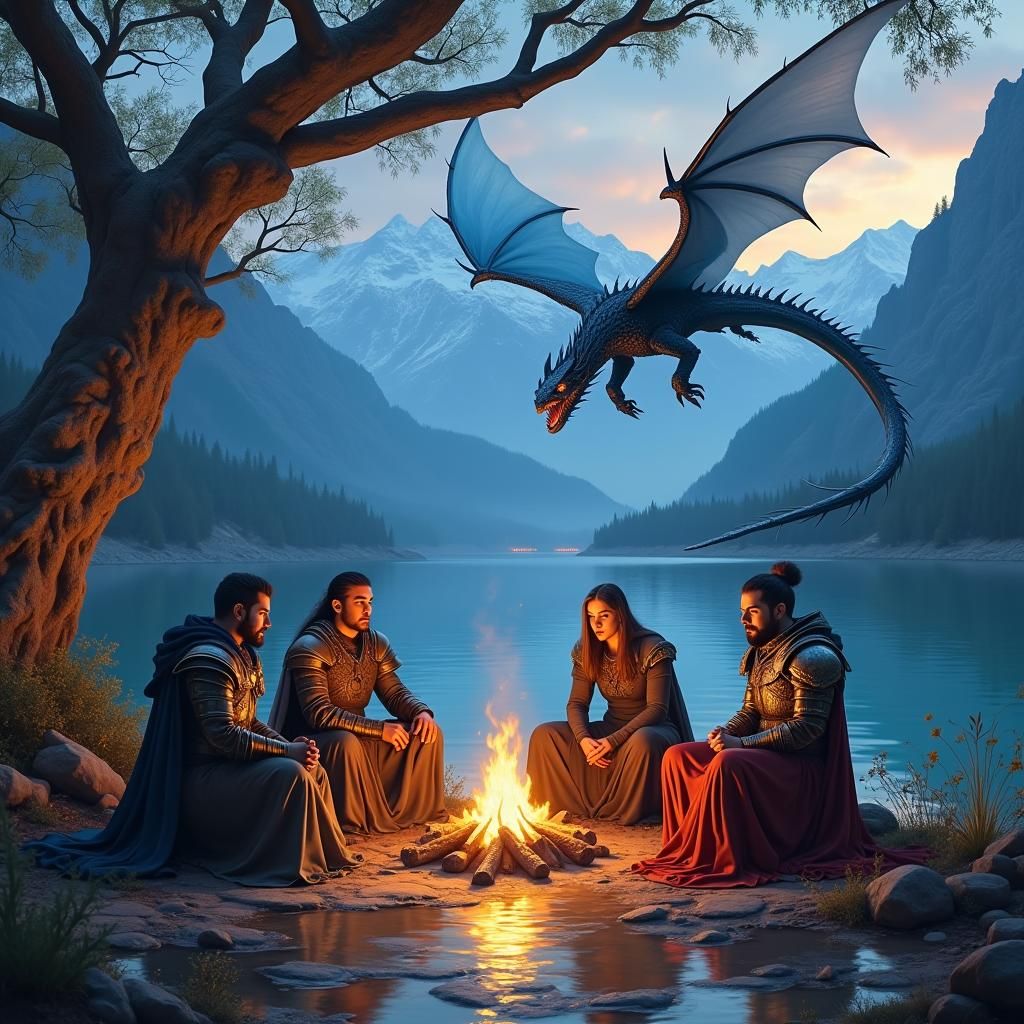 Ethereal Adventurers Under a Glowing Willow Tree