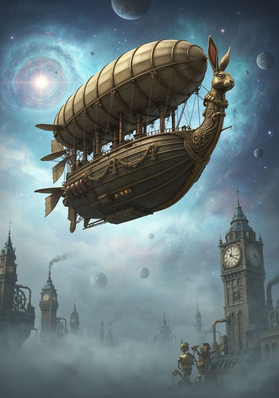 Steampunk Airship Drifting Through Nebula Sky