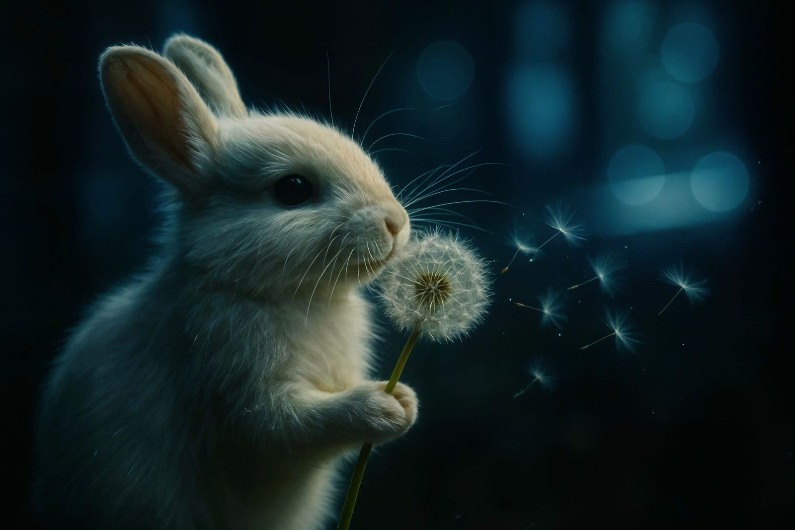 Rabbit Gently Blowing Dandelion Seeds: Photorealistic Still