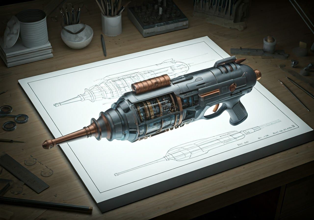 Futuristic Ray Gun Concept Design with Cut-Away Display