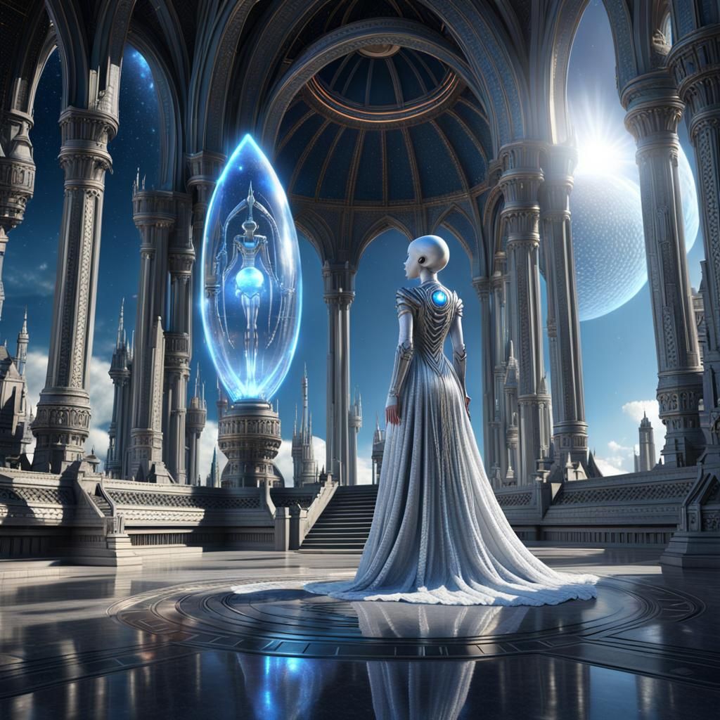Android Alien Priestess in Gothic Sci-Fi Temple