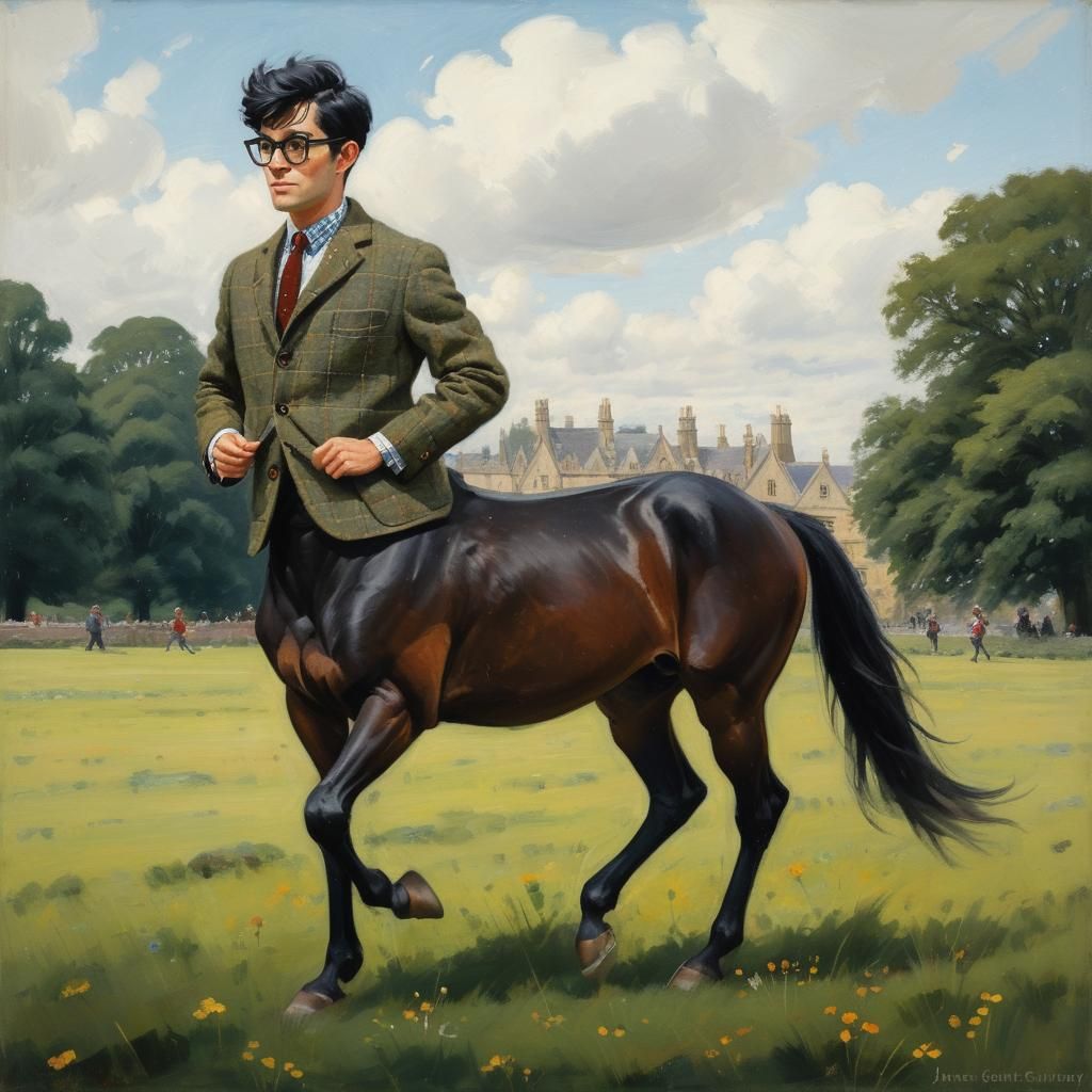 British Centaur Trotting Through Oxford Meadow