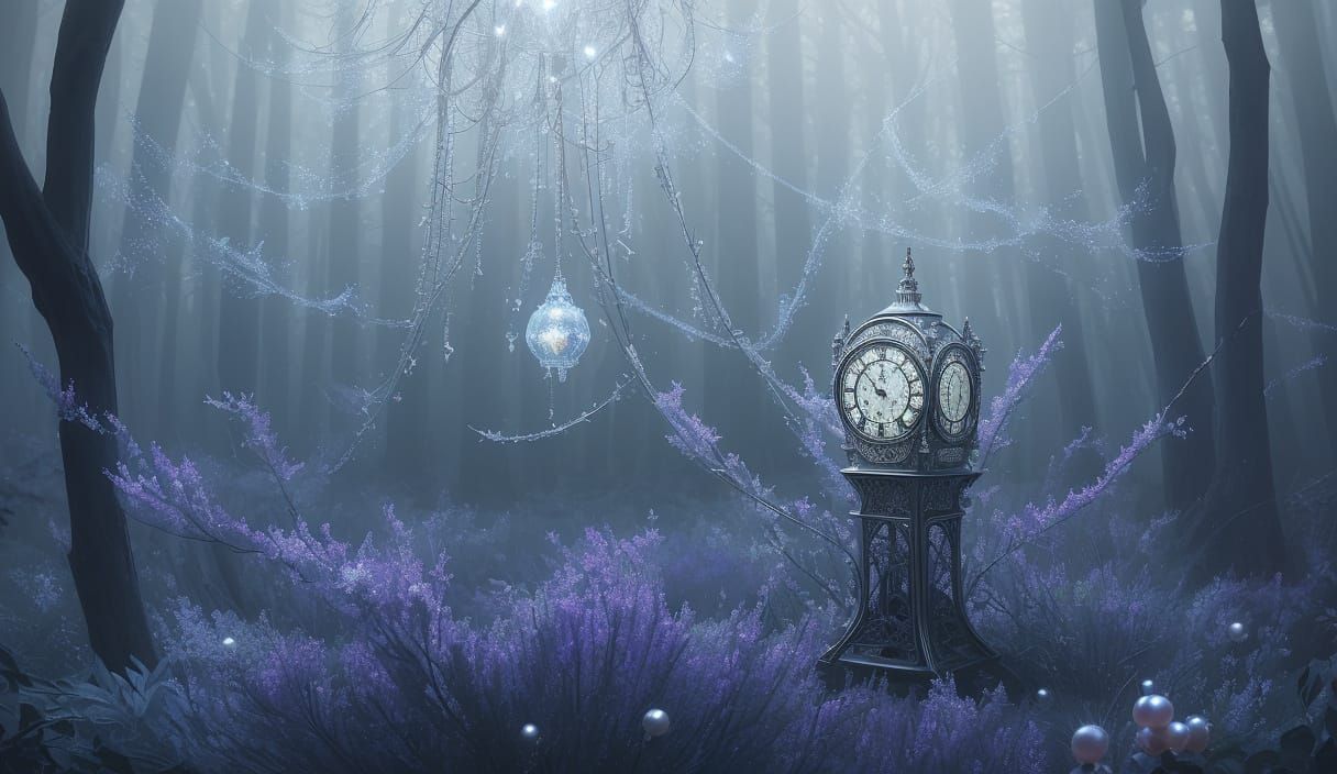 Magical Clock Woven From Spiderwebs in Twilight Forest