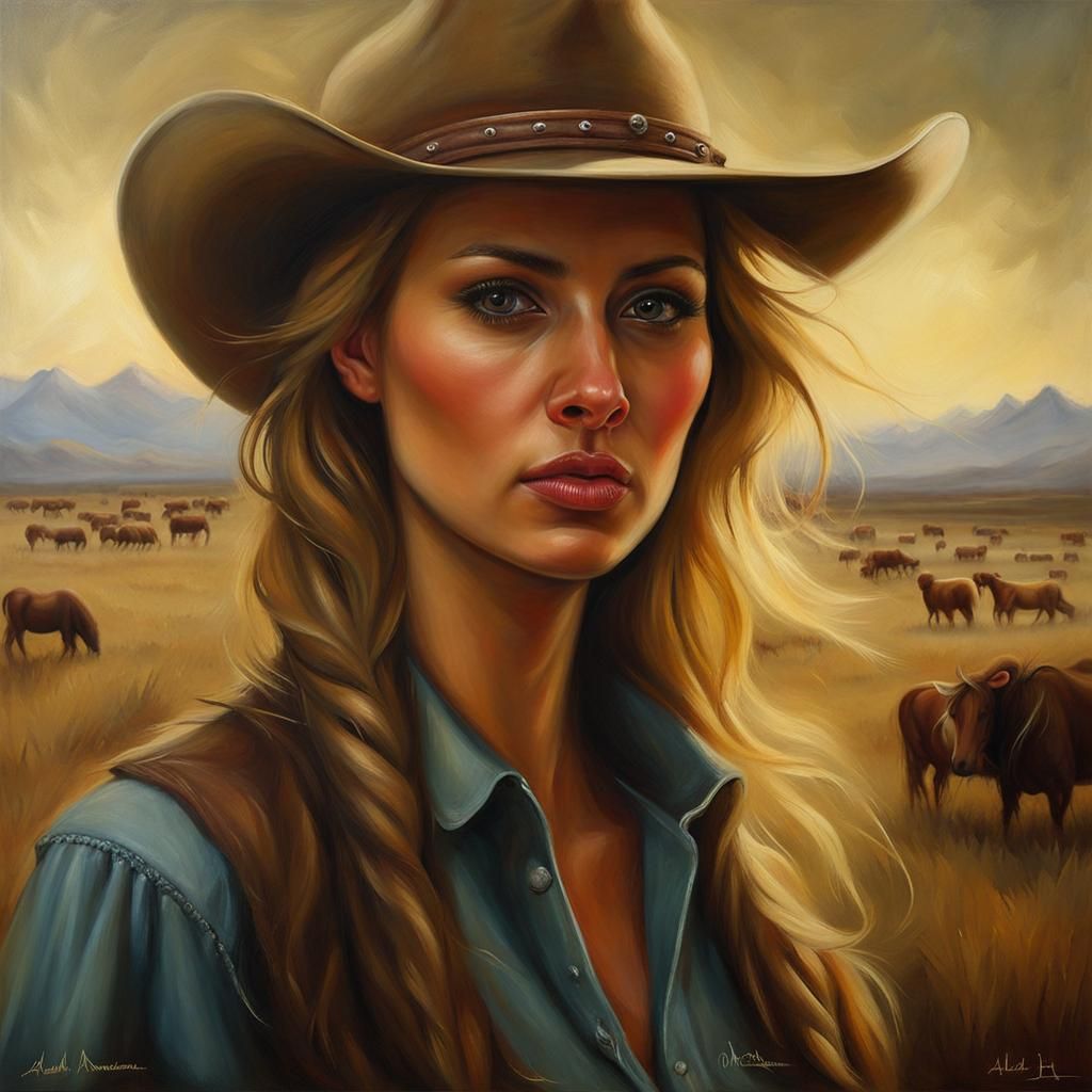 Realistic Oil Painting of a Female Rancher