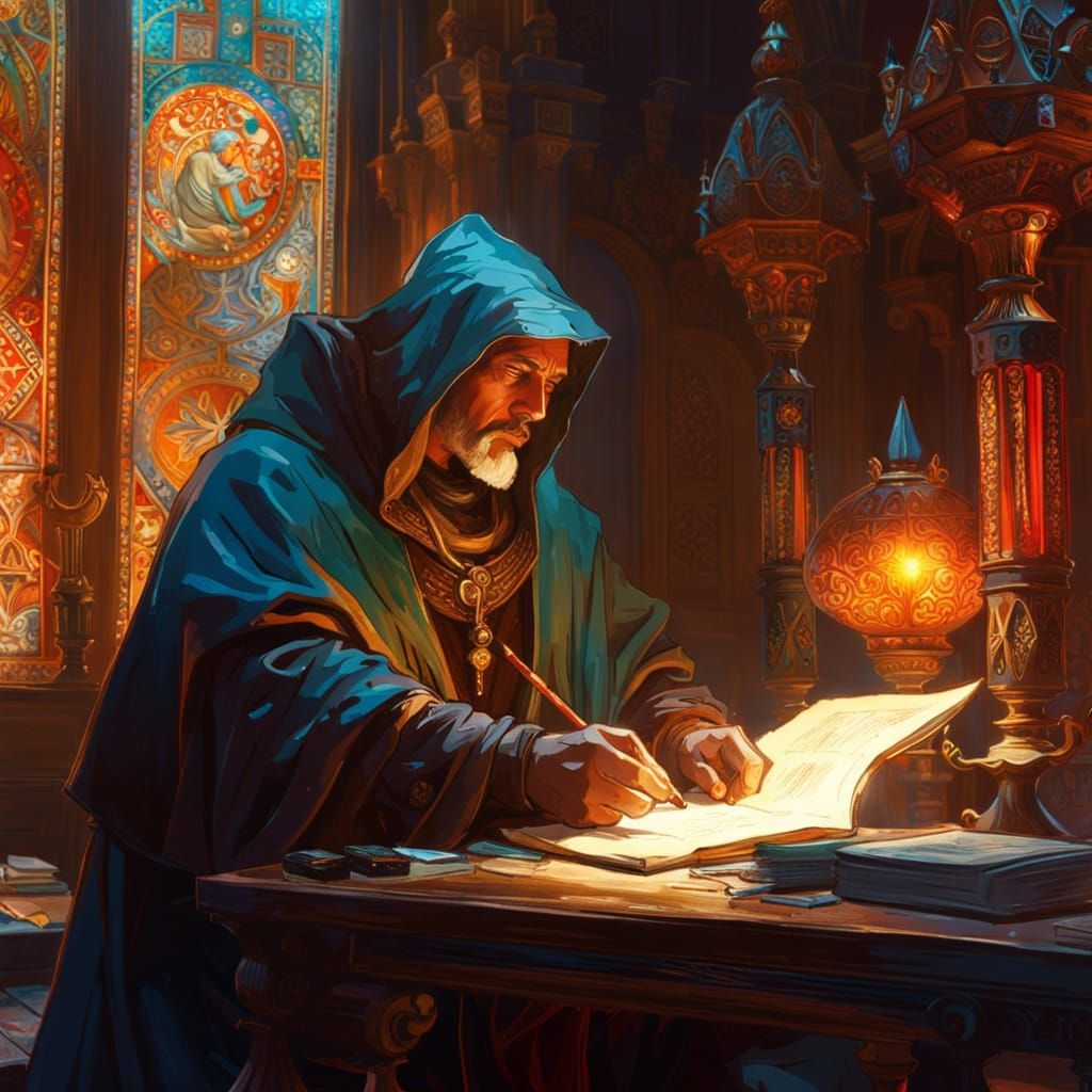 Monk Writes Manuscript in Alphonse Mucha Style