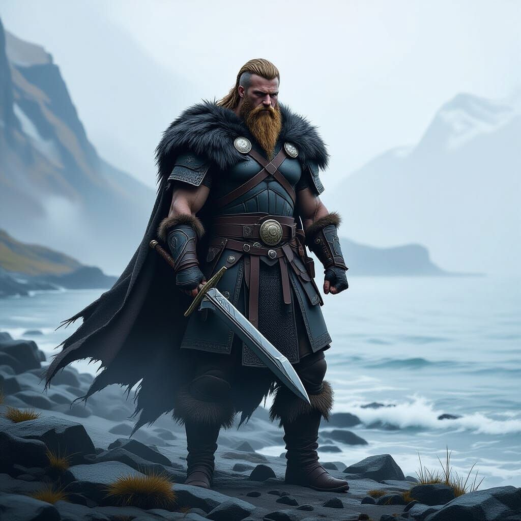 Viking Warrior on Misty Fjord Shoreline