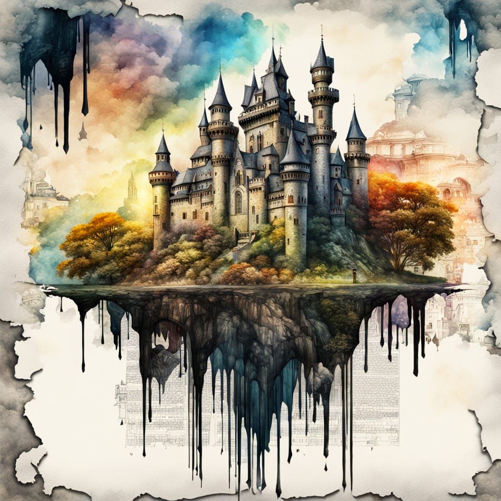 Neo Victorian Castle in Surreal Watercolor and Ink Style