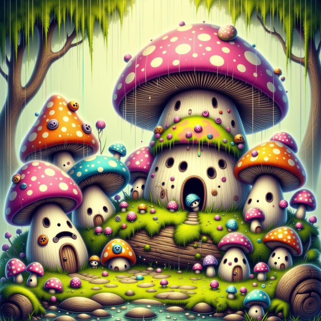 Whimsical Mushroom Village with Anthropomorphic Frogs