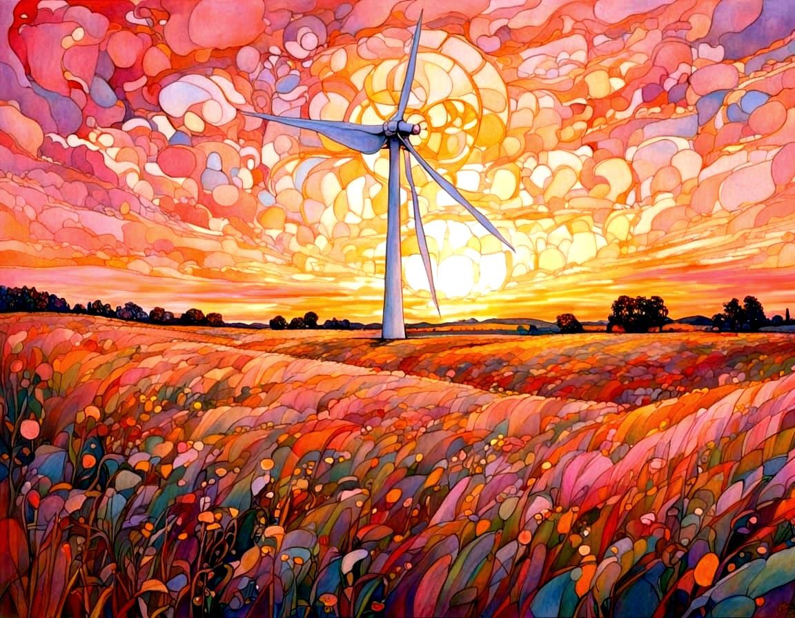 Wind Turbine on Prairies in Watercolour Style