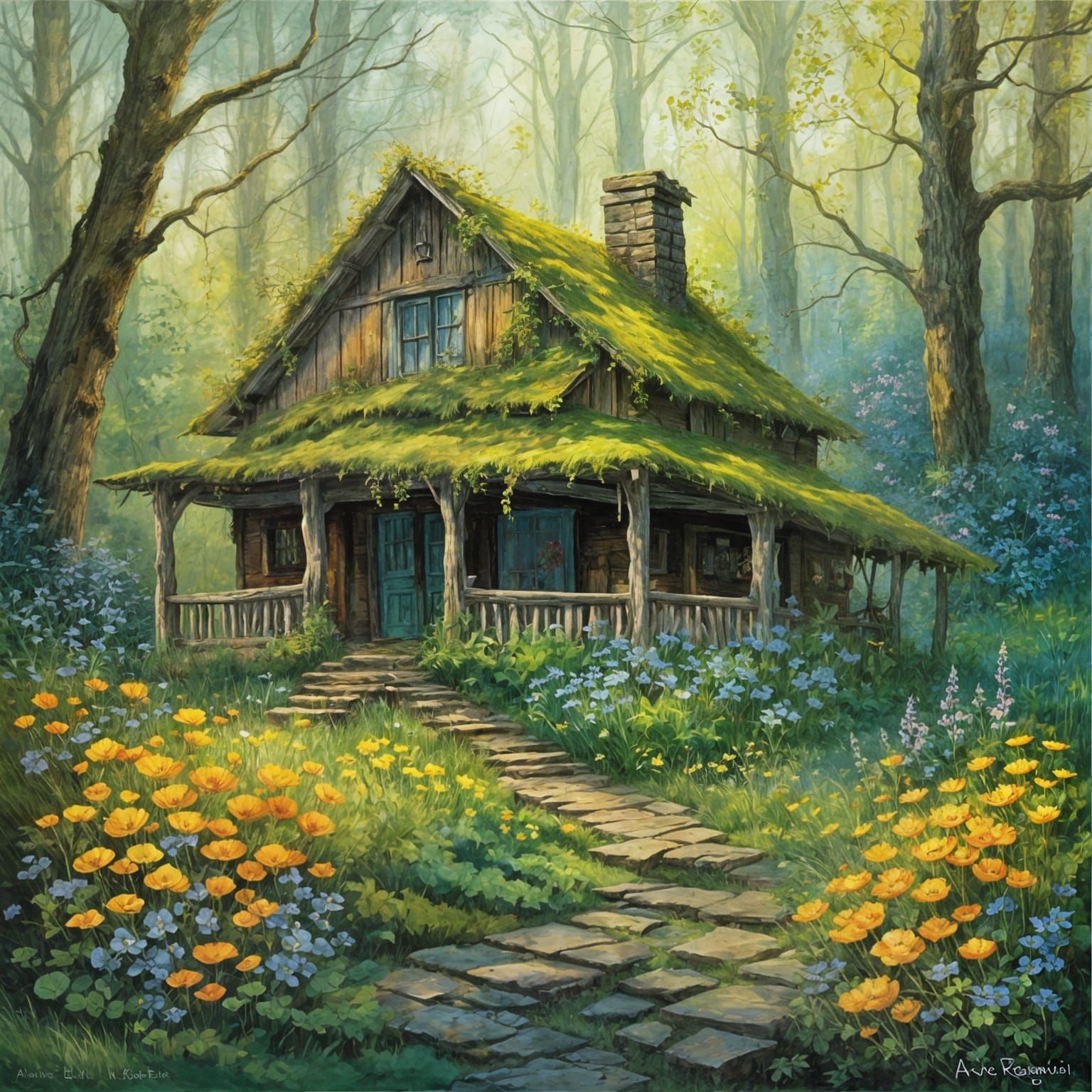 Moss-Covered Cabin with Wildflowers: Rackham-esque Abstract ...