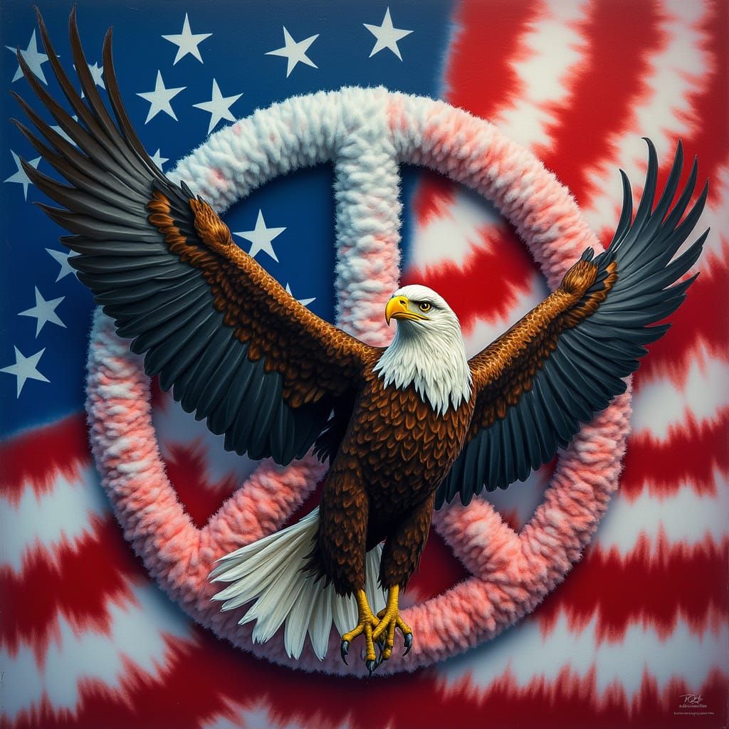Eagle with US Flag and Tie-Dyed Peace Symbol
