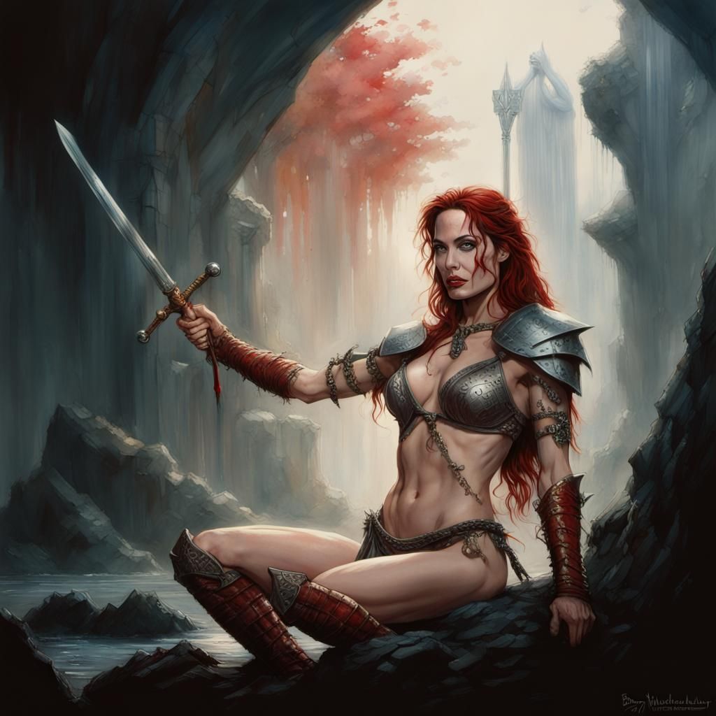 Red Sonja Inspired Warrior with Sword, Ink Painting Style