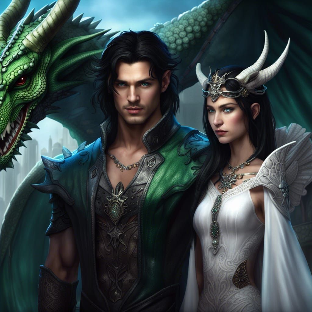Fantasy Man, Princess, and Dragon in Detailed Painting