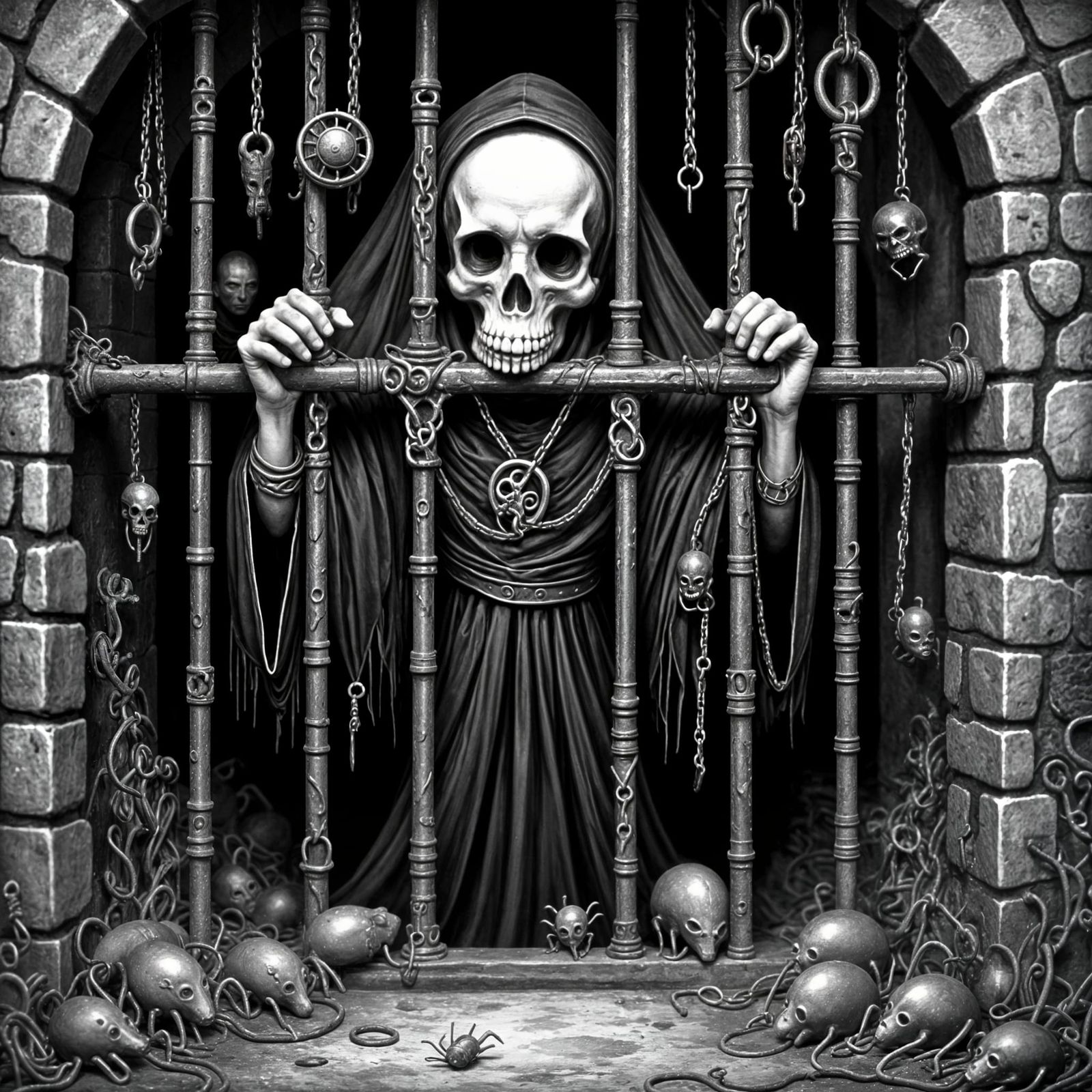 Ghost Behind Iron Bars in Gothic Prison