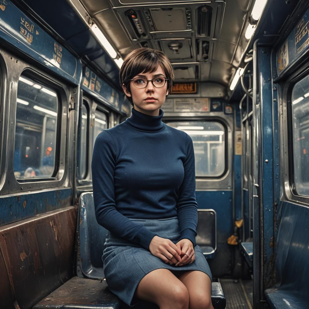 Brunette Commuter in Grimy Train Car, Hyperrealistic