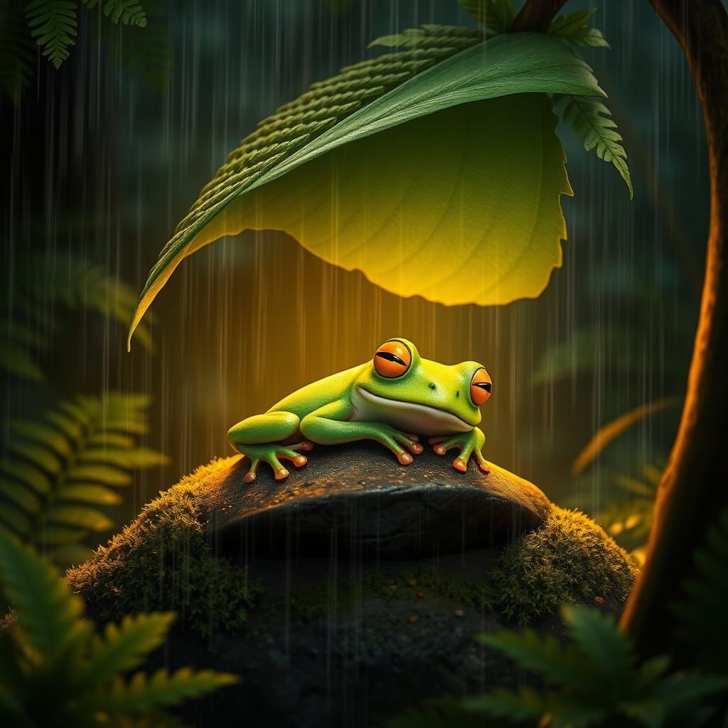 Whimsical Tree Frog Finds Shelter in Rainy Night