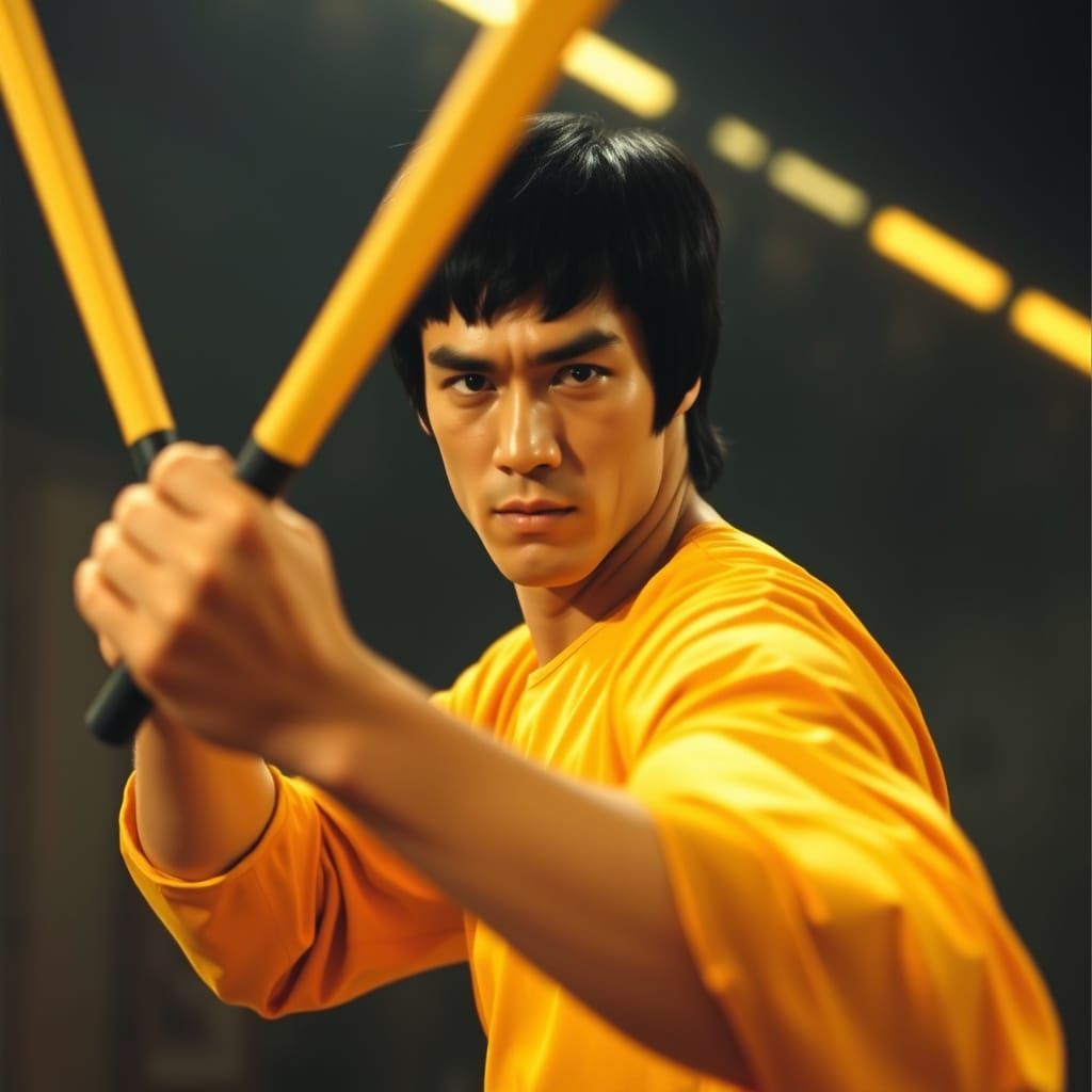 Bruce Lee with Nunchaku in 70s Cinematic Style