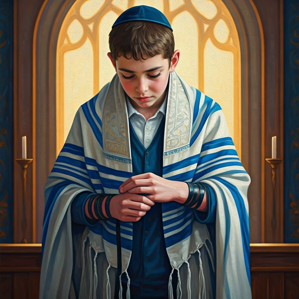 Boy Wearing Tallit and Putting on Tefillin