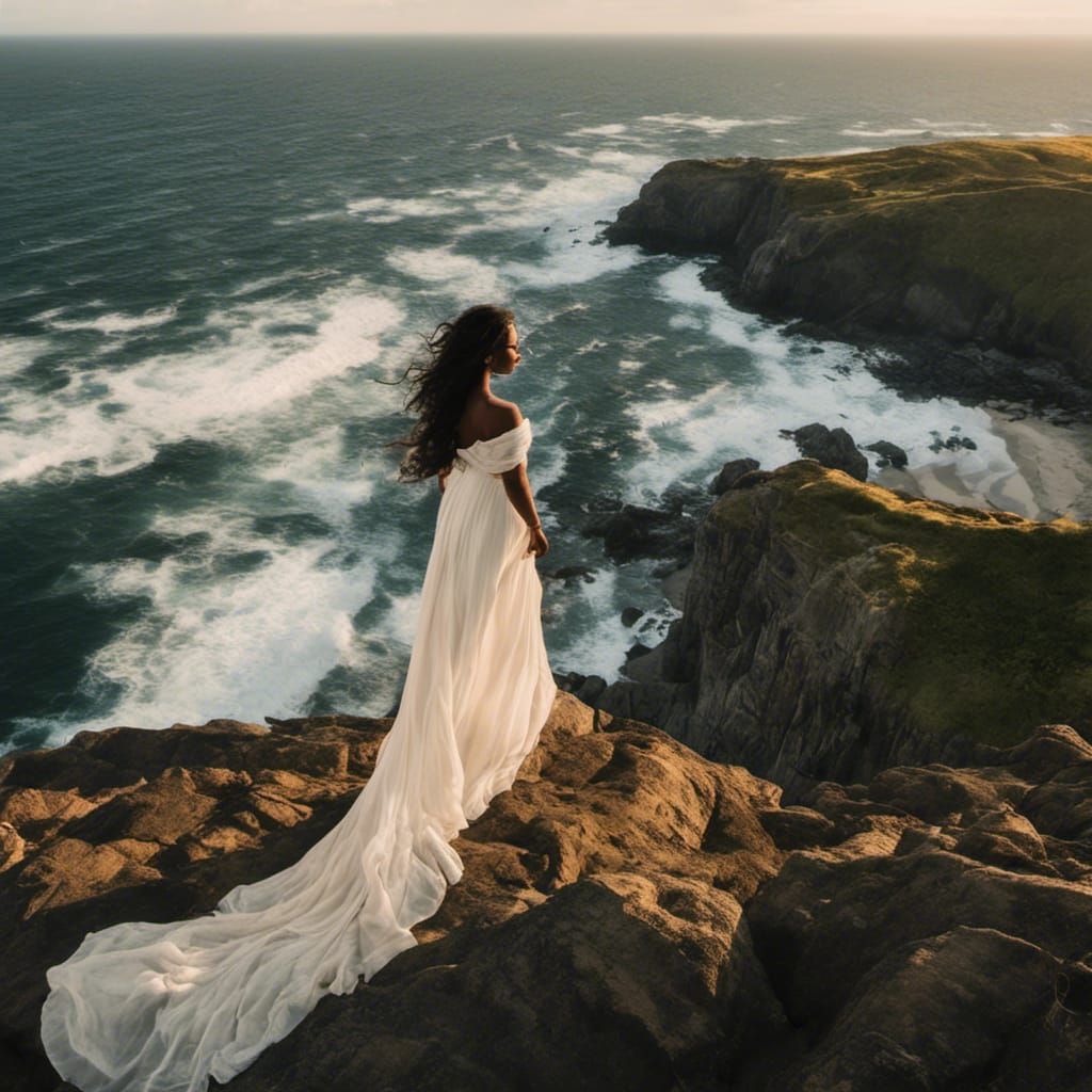 Woman in White Dress Overlooking Ocean at Sunset