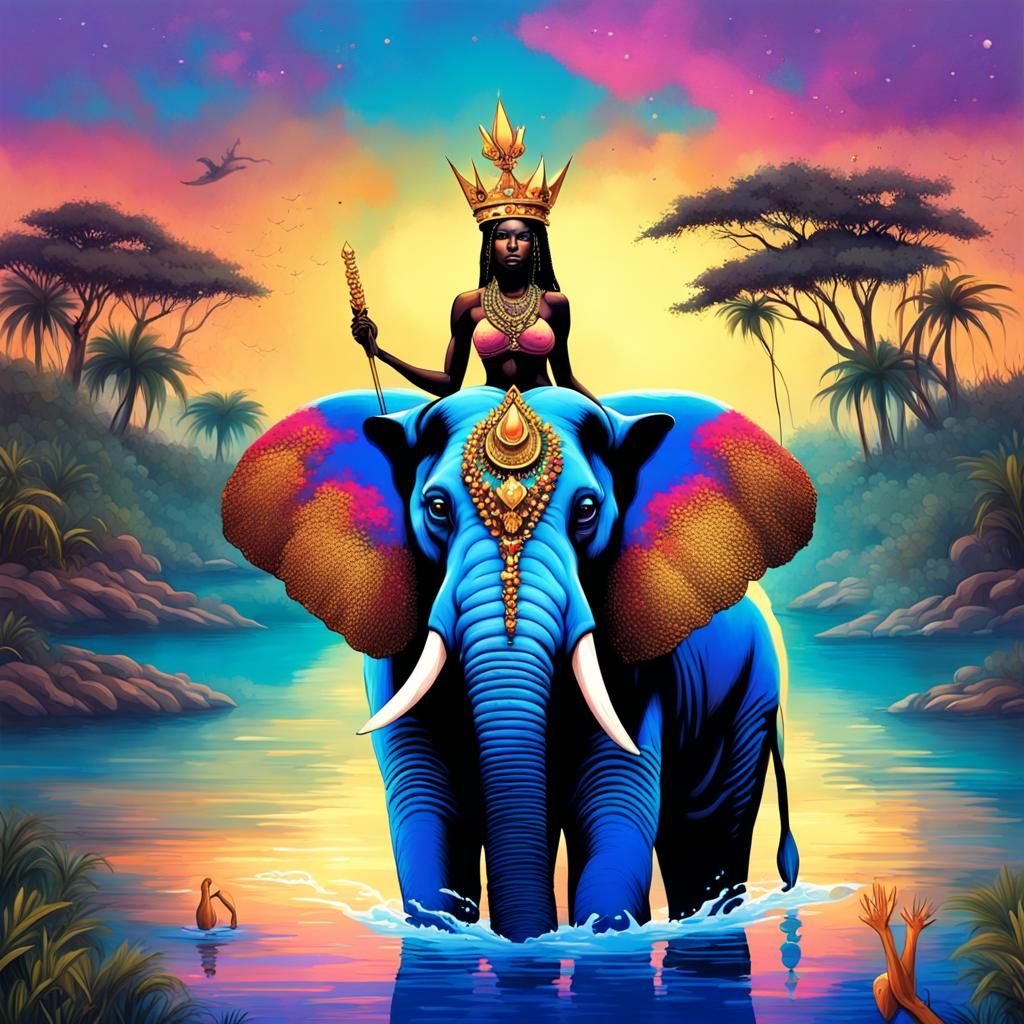 Yemaya Rides an Elephant at Dusk in Graffiti Art