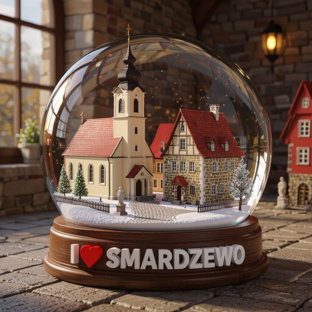 Miniature Polish Village in Snow Globe, Hyperrealistic