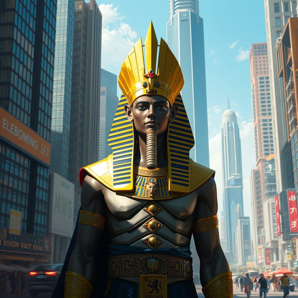 Pharaoh in Modern Cityscape, Futuristic Urban Art