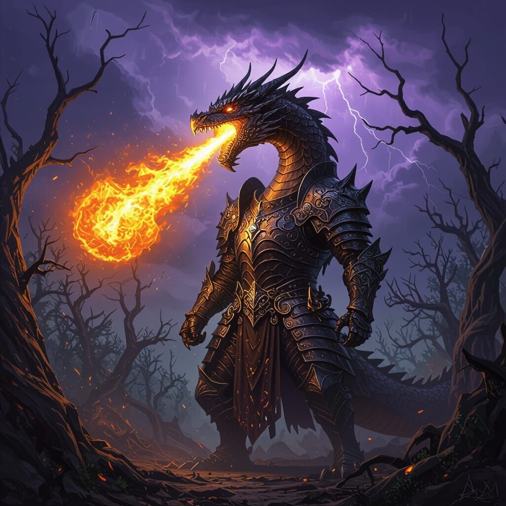 Colossal Dragon Warrior in Stormy Forest Concept Art