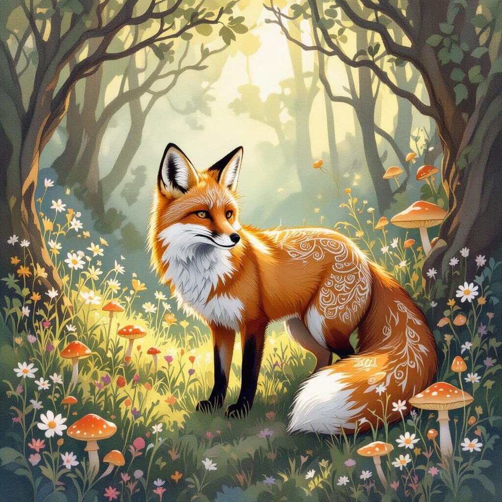 Whimsical Fox in Sun-Dappled Glade, Art Nouveau Style