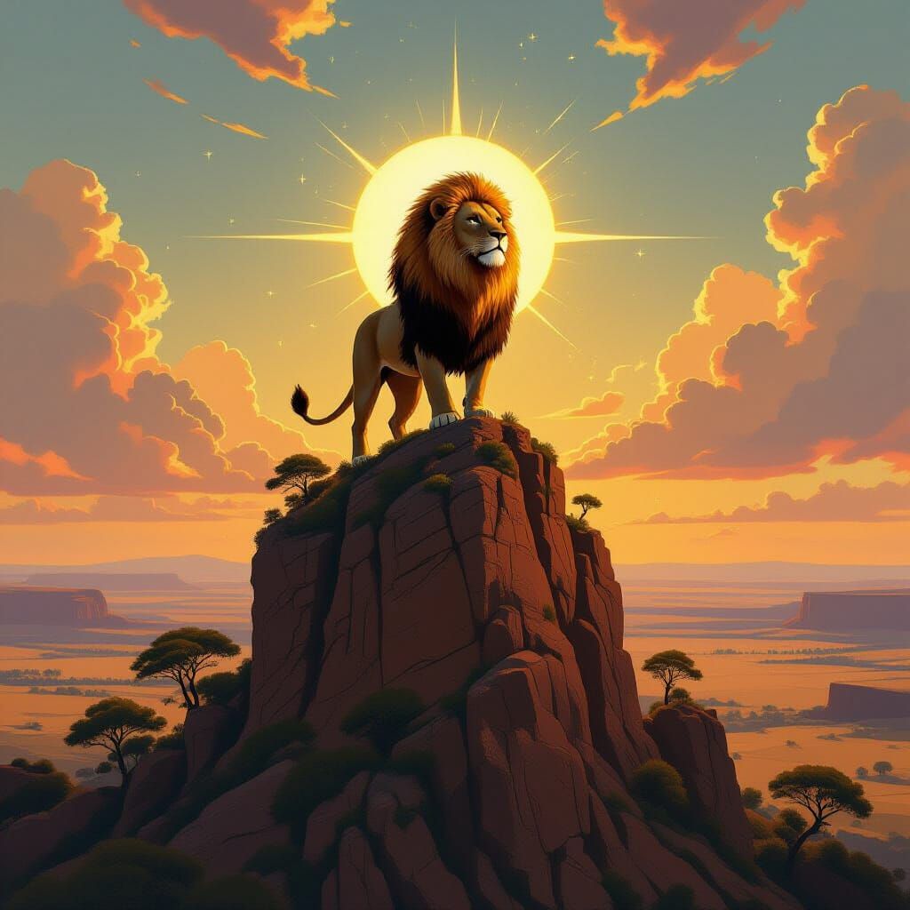 Majestic Lion in Astral Light Overlooking Savanna