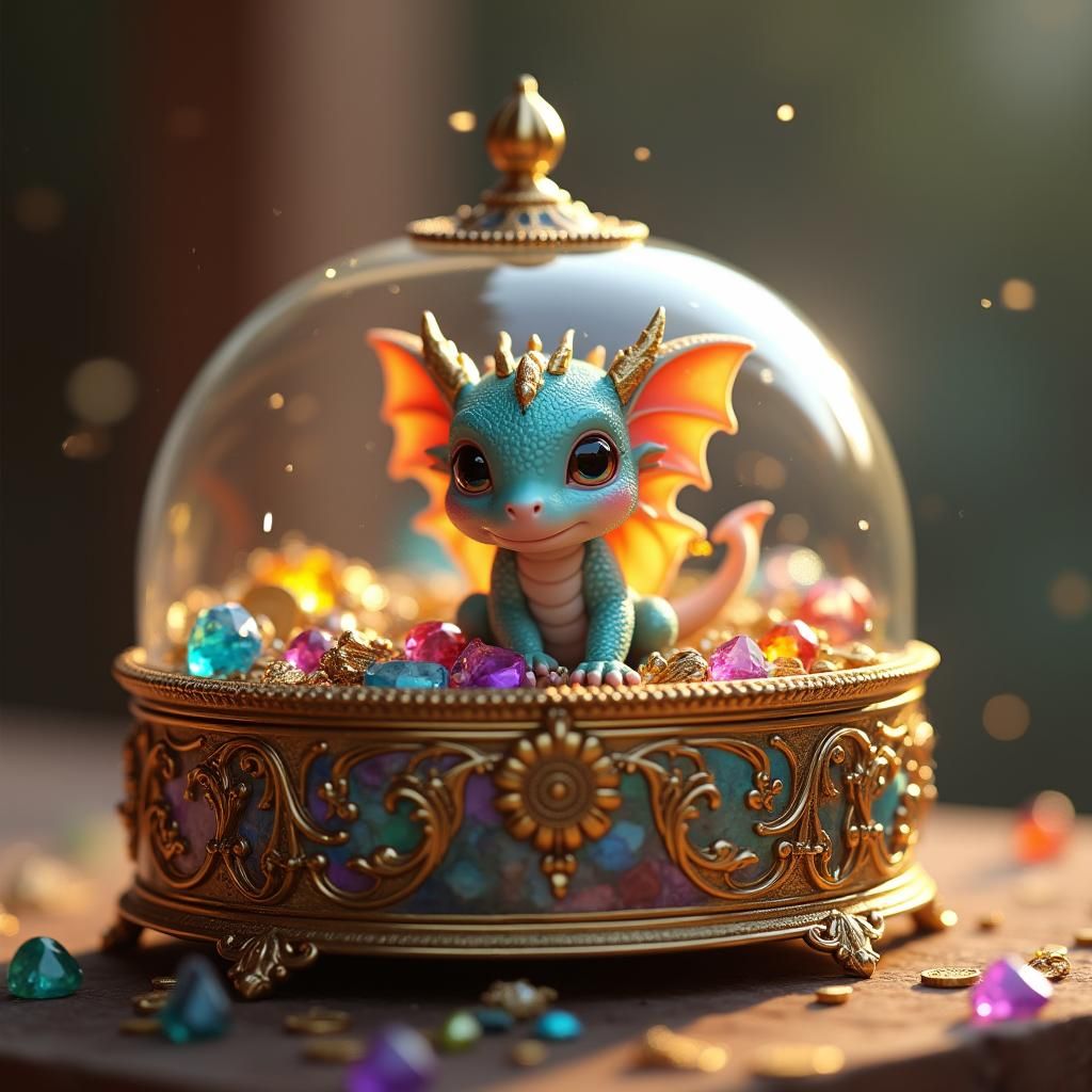 Miniature Dragon's Treasure Trove in Glass Box