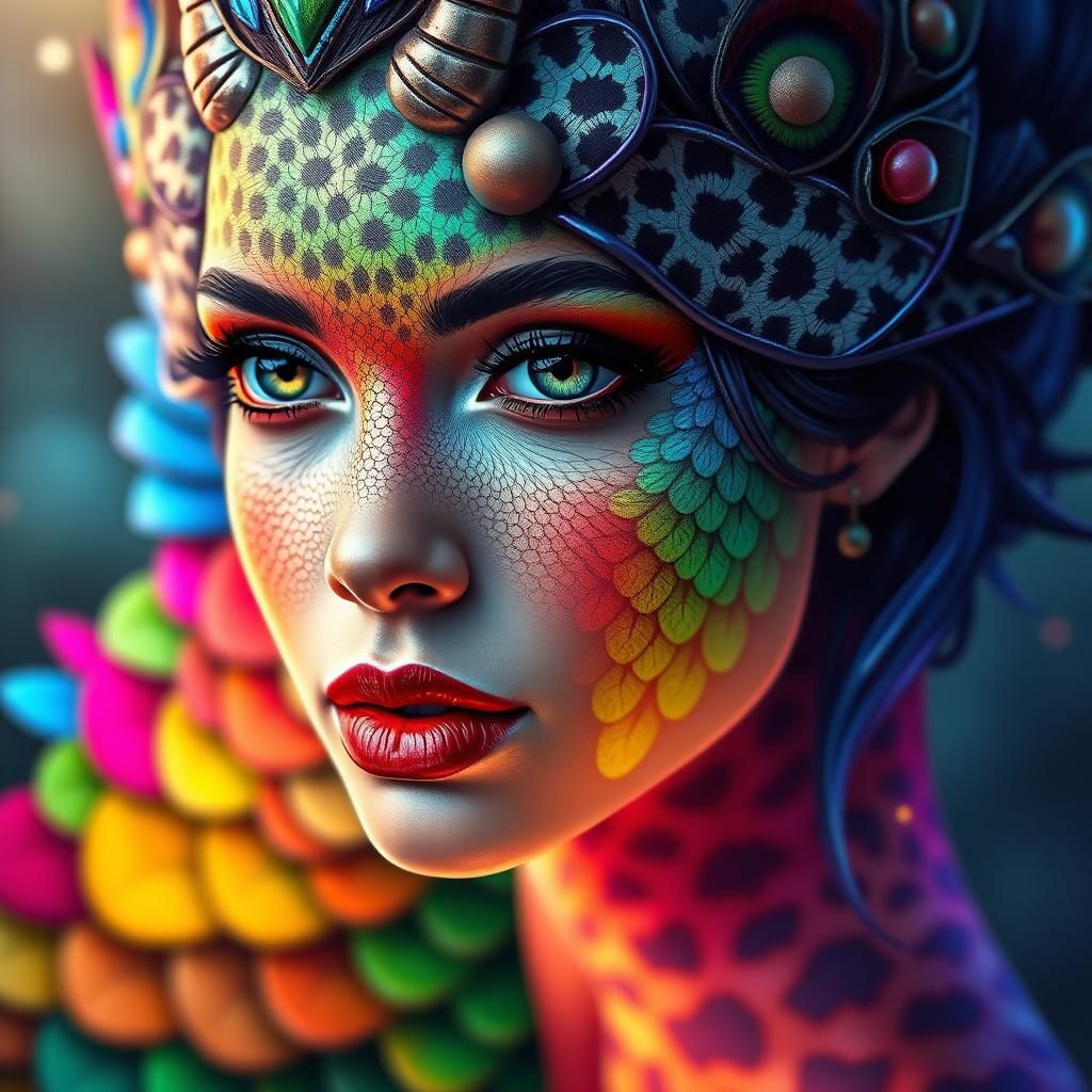 Rainbow Dragon Woman: Holographic Mixed Media Art