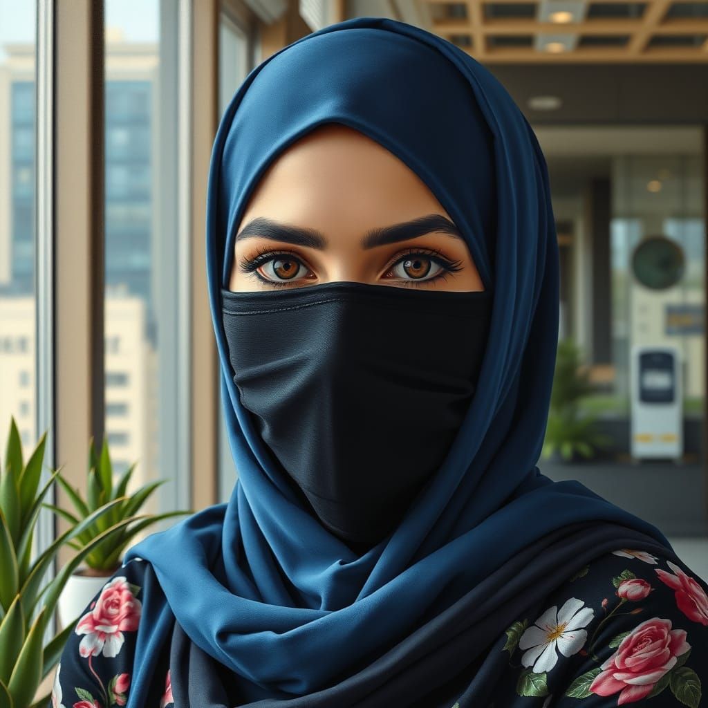 Oil Guache Painting of Elegant Hijabi Woman in Cozy Office