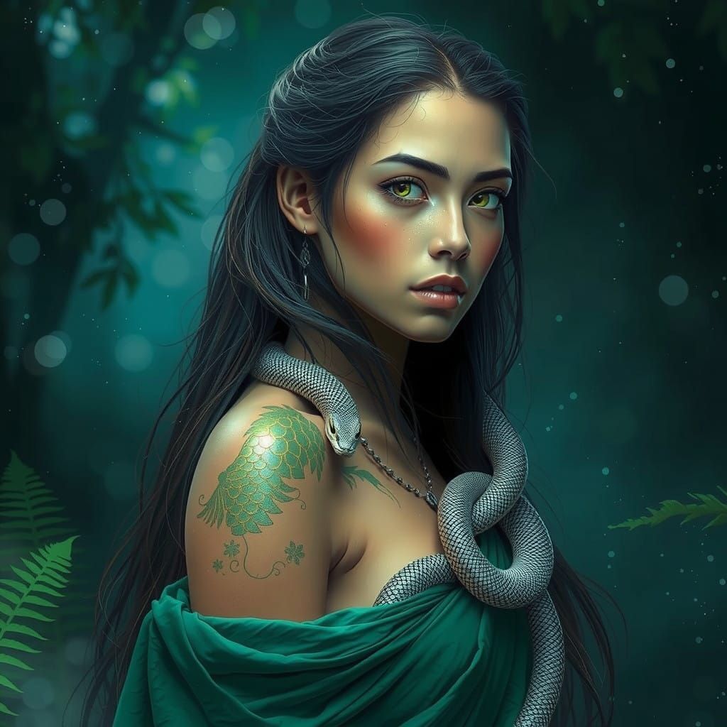 Mystical Woman with Green Scales and Turquoise Snake