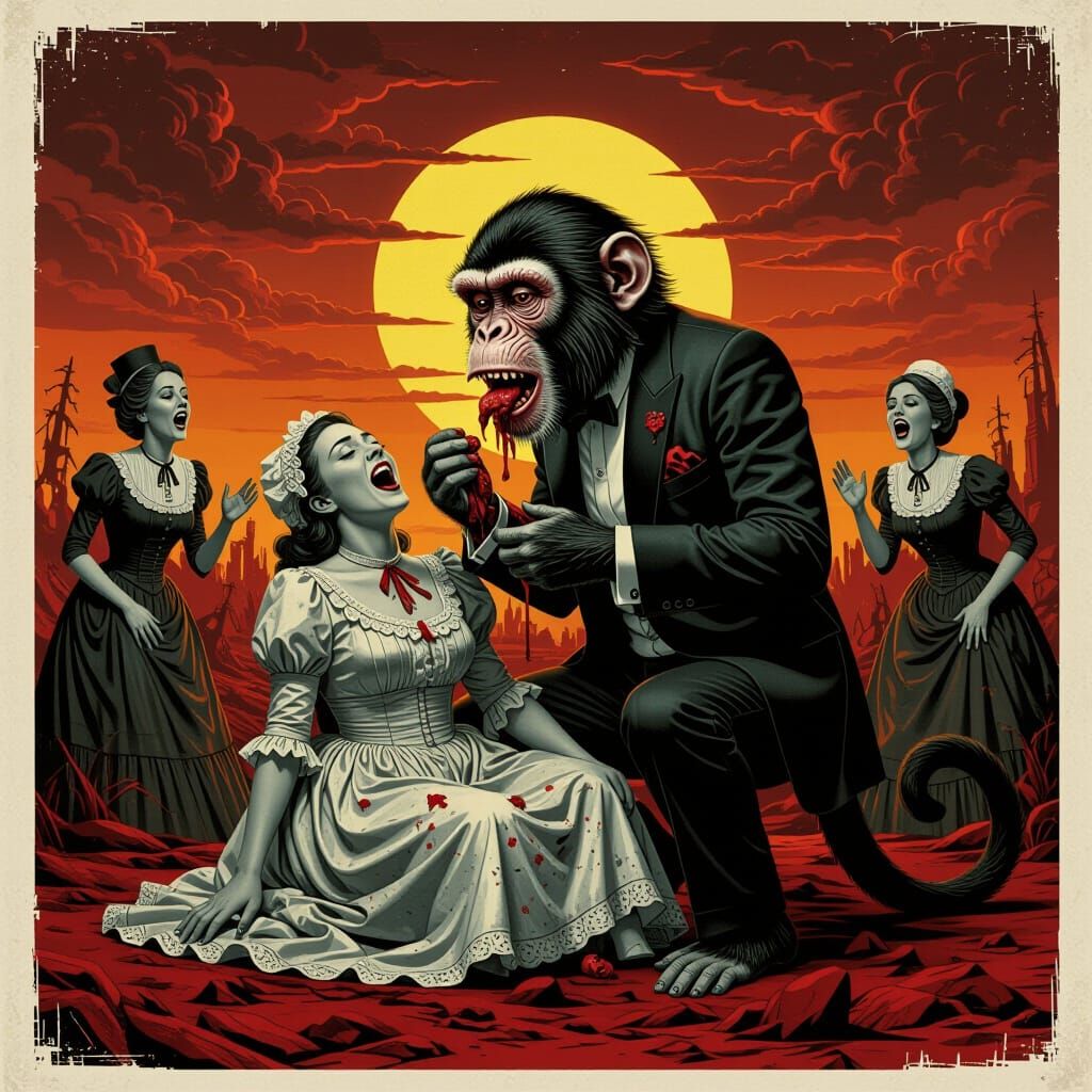 Humorous Hellscape with Monkey Deity, Apocalyptic Art
